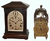 Clocks- 2 (Two) European clocks: Kienzle 8 days, Westminster chime mahogany bracket clock, 20th century; large brass English time and strike, weight driven lantern clock