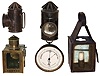 Lanterns and barometer: 4 (Four) antique lanterns in brass and steel, two with colored lenses; and aneroid barometer in brass case