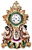 Japy Freres, Paris, France, also marked Cardien, Paris & Cheron, polychrome painted porcelain figural mantel clock, 8 days, time and strike, spring driven movement with silk thread suspension in a highly decorative porcelain case featuring a male and female satyr flanking a painted horn of plenty with white enamel dial.