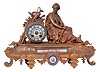 Japy Freres, Paris, France, figural mantel clock, 8 day time and strike, count wheel and bell, spring driven movement with floral themed ceramic dial and insets in a gilt spelter case featuring a seated female figure surrounded by symbols of art and science including a pitcher, gear, paintbrush & pallet, books, steam engine, anvil, spyglass, and square.