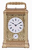 Klaftenberger, Paris, a fine, gorge cased, grand sonnerie carriage clock, the glazed, gilt case with foliate engraving and chasing, Roman numeral white enamel dial with blued steel hands, and with gilt mask, engraved to match the case, 8 day time, strike, and alarm movement with lever platform, sounding grand or petit quarters, and repeating the last hour and quarter on demand, with script 