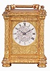 Aubert and Klaftenberger, London, a fine, small, week going English carriage timepiece, the gilt case with foliate engraving, the corners with chased, leaf decorated columns, and signed 