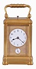 Margaine, Paris, a 3/4 size, Gorge cased hour repeating carriage clock with original outer box, gilt case with beveled glasses, Arabic numeral white enamel dial with gilt, engine turned mask, blued steel hands, 8 day time, strike and alarm movement with lever platform and cut bimetallic balance, repeating the last hour on demand, the back plate with Margaine's mark, serial #19946, with original leather bound travel case, and key