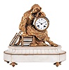 Musical Themed French Figural Clock with seated lady playing a drum, the gilt spelter figure seated on a rush-seated stool and arm folded leaning on her drum which carries a white porcelain roman numeral dial and moon hands at the front and a Japy Freres eight day, rack-striking movement cast with the Freres logo, powered by two coiled springs and regulated by pendulum, a trombone and tambourine leaning on the chair complete the setting, all on an alabaster fluted base with gilt beads and raised rosette feet.