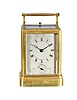 France or Switzerland, a rare, early, petit sonnerie striking carriage clock with alarm and travel case, signed Breguet, gilt, glazed, one piece case with molded base, Roman numeral silvered dial with blued steel Breguet style hands, subsidiary alarm chapter, and engraved 