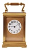 Couaillet Freres, France for Bailey, Banks & Biddle, Philadelphia, carriage clock, 8 day, time and strike, spring-driven movement with lever escapement in a polished brass Anglaise case with five beveled glasses, white porcelain dial with Arabic numerals and blued steel Breguet hands, all in original leather carrying case.