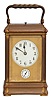 France, a Gorge cased, grand sonnerie striking carriage clock with alarm, gilt case with folding handle and beveled glasses, Arabic numeral white enamel dial with gilt mask, blued steel spade and poker hands, three train movement striking grand or petit sonnerie in passing, and repeating the last hour and quarter on demand