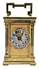 France, carriage clock, 8 day, time and strike counting the hours on a gong, spring driven movement with lever platform in an Anglaise case with fluted pilasters and and set with beveled glasses, gilt mask reading in part 