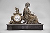 Japy Freres & Cie, Paris, France, figural mantel clock, 8 day, time and strike, spring driven pendule de Paris movement, black slate base with molded front and top supporting a cast spelter case with agrarian theme including a basket and hoe, and seated female figure with a sickle in one hand and a sheaf of wheat in the other, white enamel dial with Roman numerals, and blued steel Breguet hands.