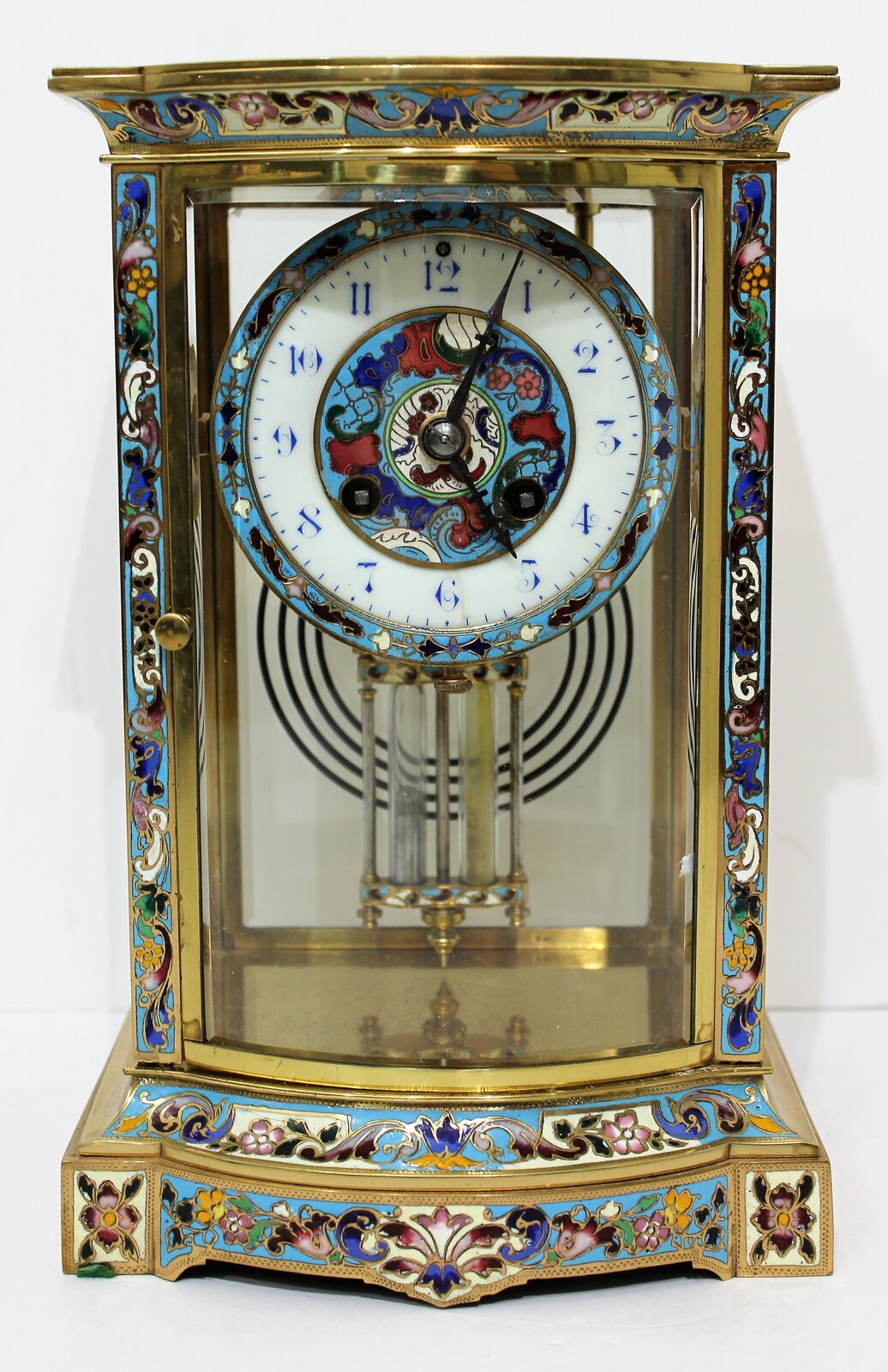 Antique H&H bow front cloisonne crystal regulator Clock — Antique Clocks Price Guide