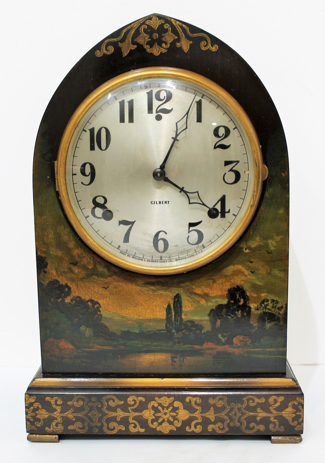 Wm. L. Gilbert Clock Co. painted cabinet clock, ca. 1920. — Antique Clocks Price Guide