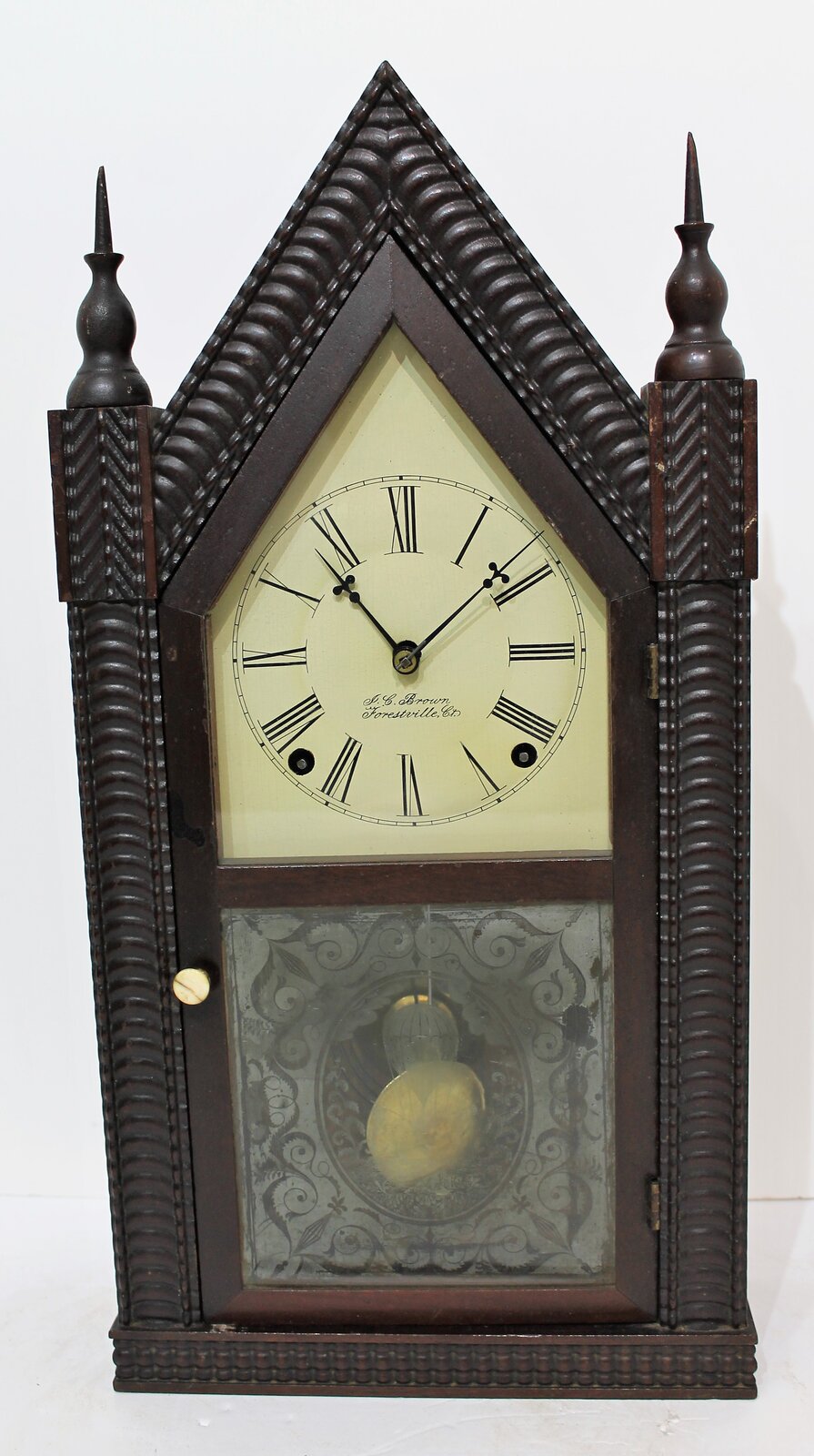 Forestville Manufacturing Co. ripple-front sharp gothic, 1842-1849. — Antique Clocks Price Guide