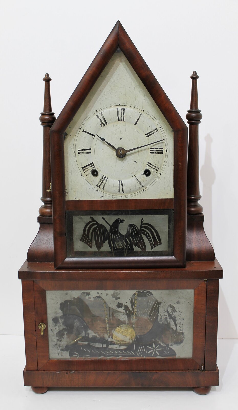 Birge & Fuller candlestick double-steeple with wagon-spring movement, 1844–1848. — Antique Clocks Price Guide