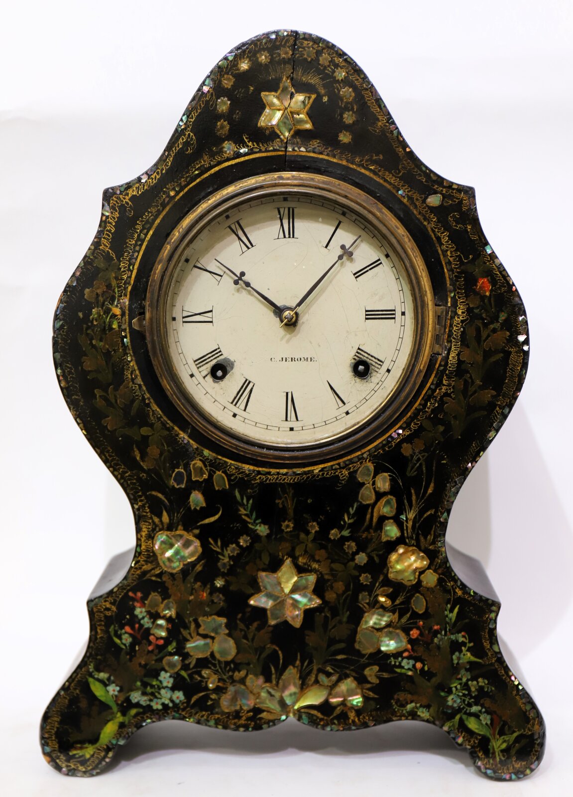 Chauncey Jerome papier mâché shelf clock, 1845-1850. — Antique Clocks Price Guide