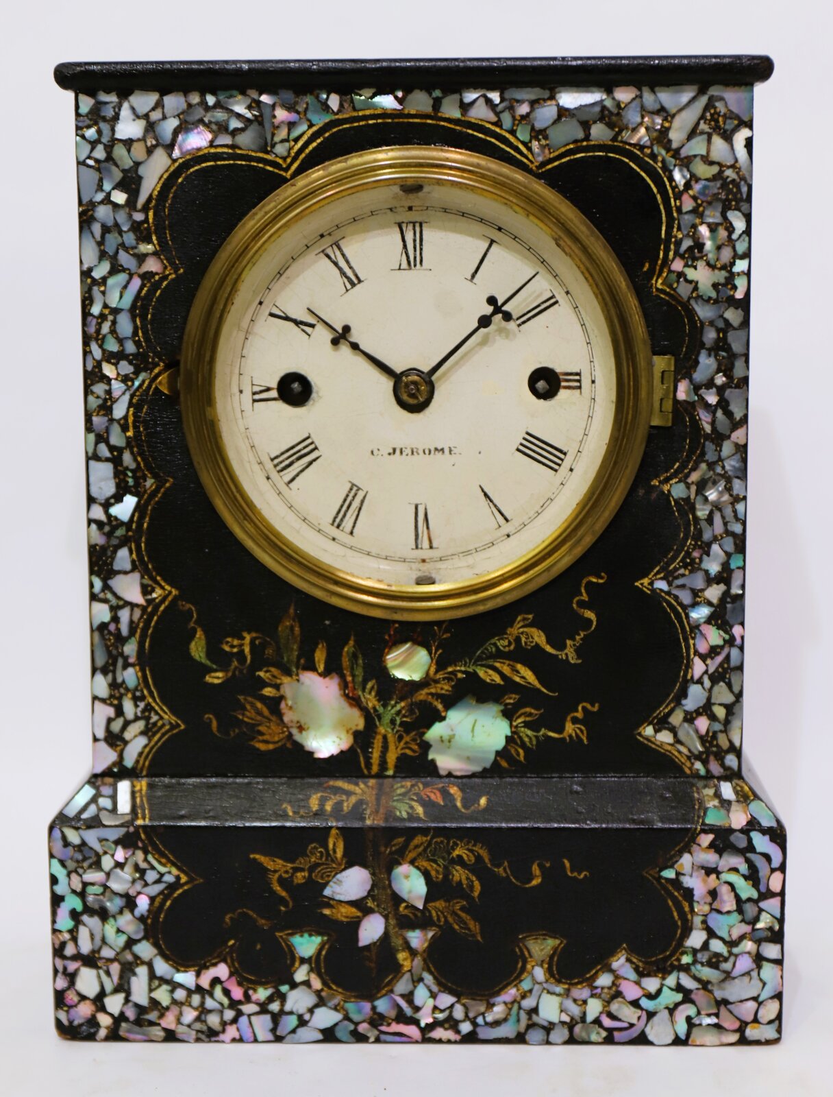 Chauncey Jerome papier mâché MOP cottage with lever-spring movement, 1845-1850. — Antique Clocks Price Guide