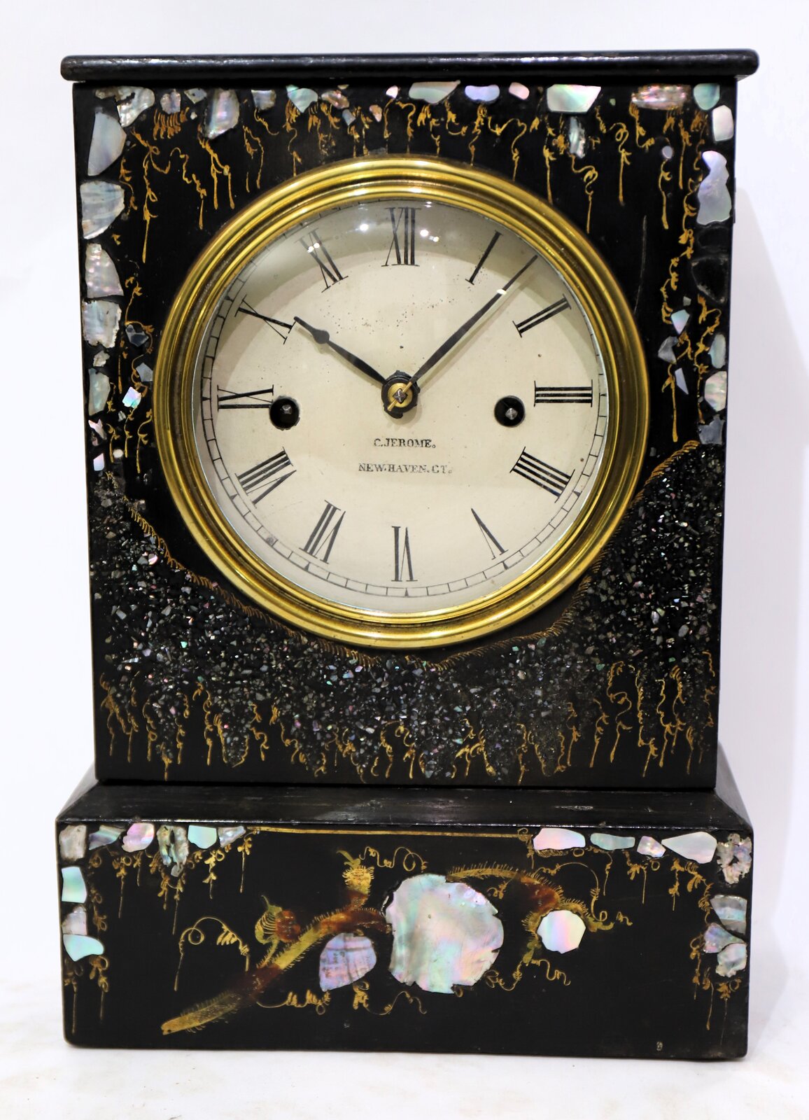 Chauncey Jerome papier mâché shelf clock, 1845-1850. — Antique Clocks Price Guide