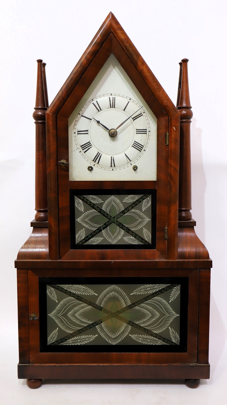 Birge & Fuller candlestick double-steeple with wagon-spring movement, 1844–1848. — Antique Clocks Price Guide