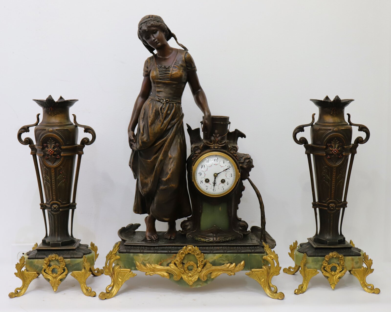 French garniture set with girl figural, ca. 1890. — Antique Clocks Price Guide