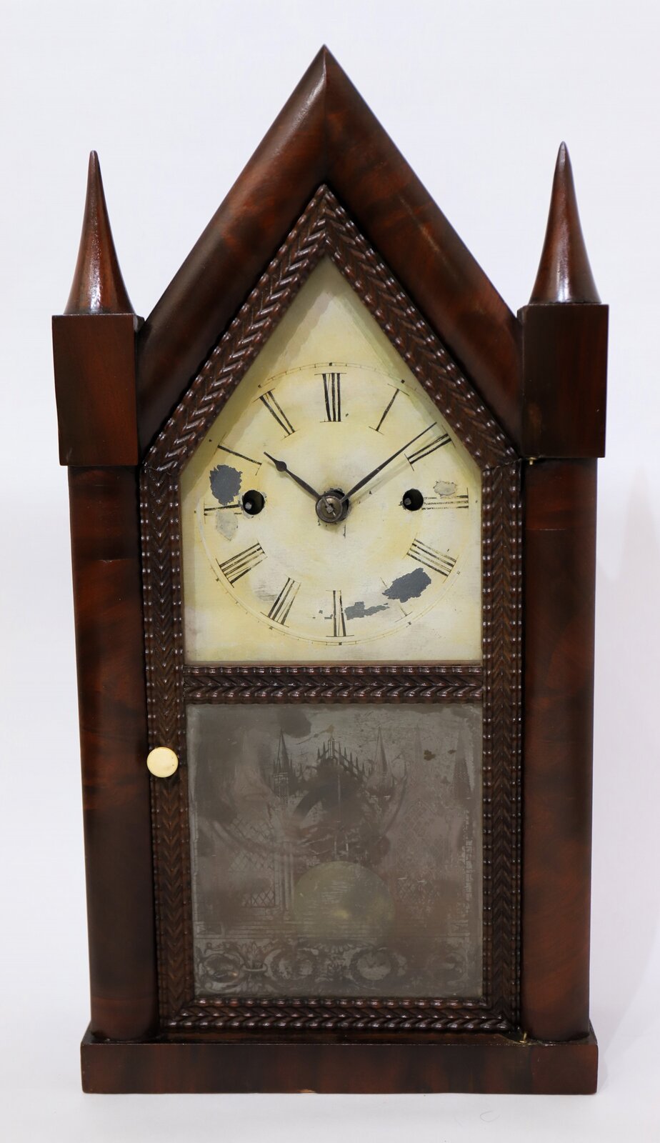 Forestville Mfg. Co. 8-day fusee steeple with ripple trim, 1842-1849. — Antique Clocks Price Guide