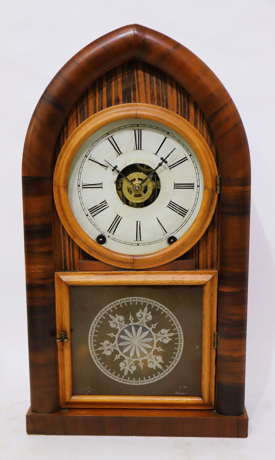Daniel Pratt & Sons 8-day round gothic with alarm, 1853-1869. — Antique Clocks Price Guide