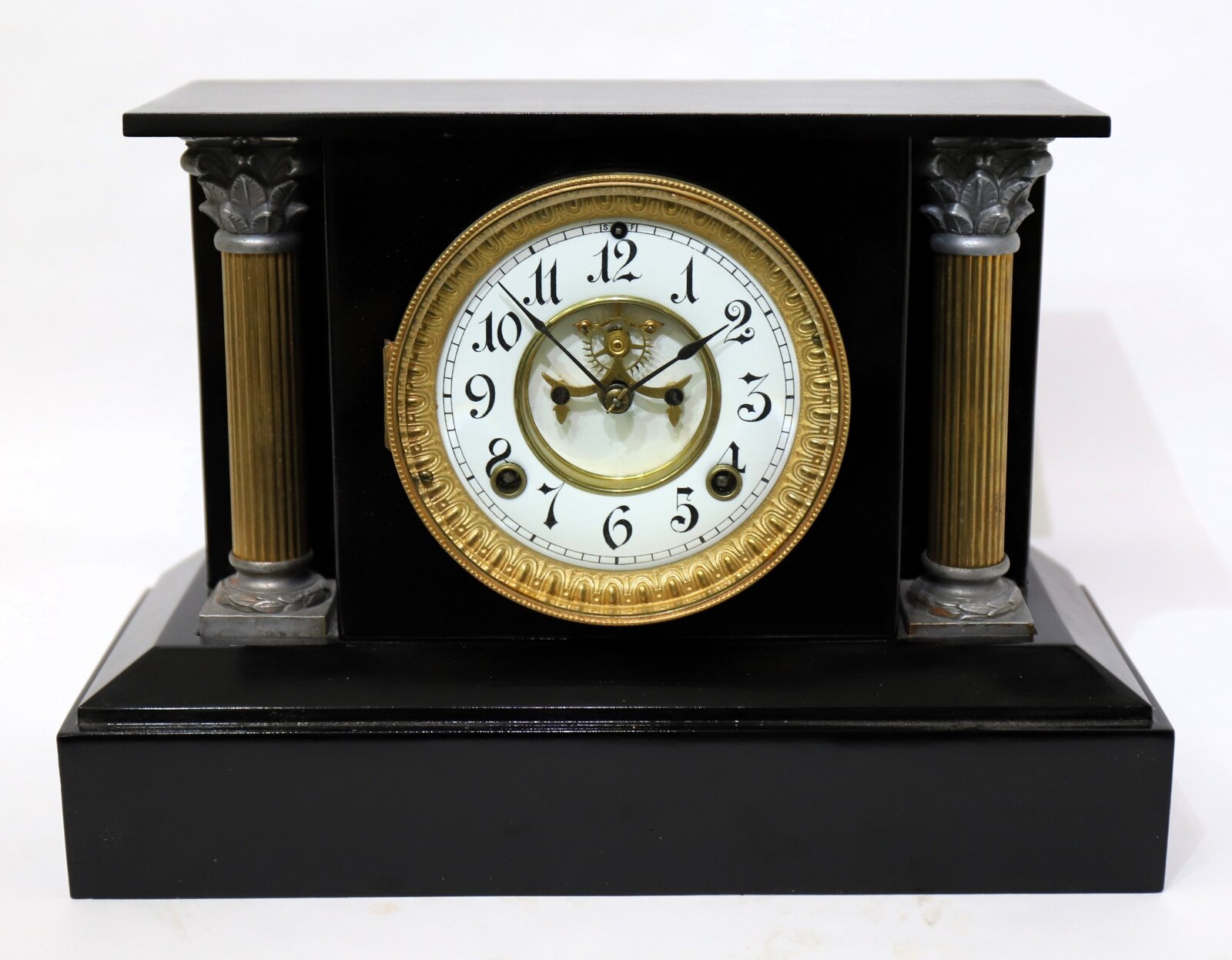 Ansonia Clock Co. enameled iron black mantel, ca. 1900. — Antique Clocks Price Guide