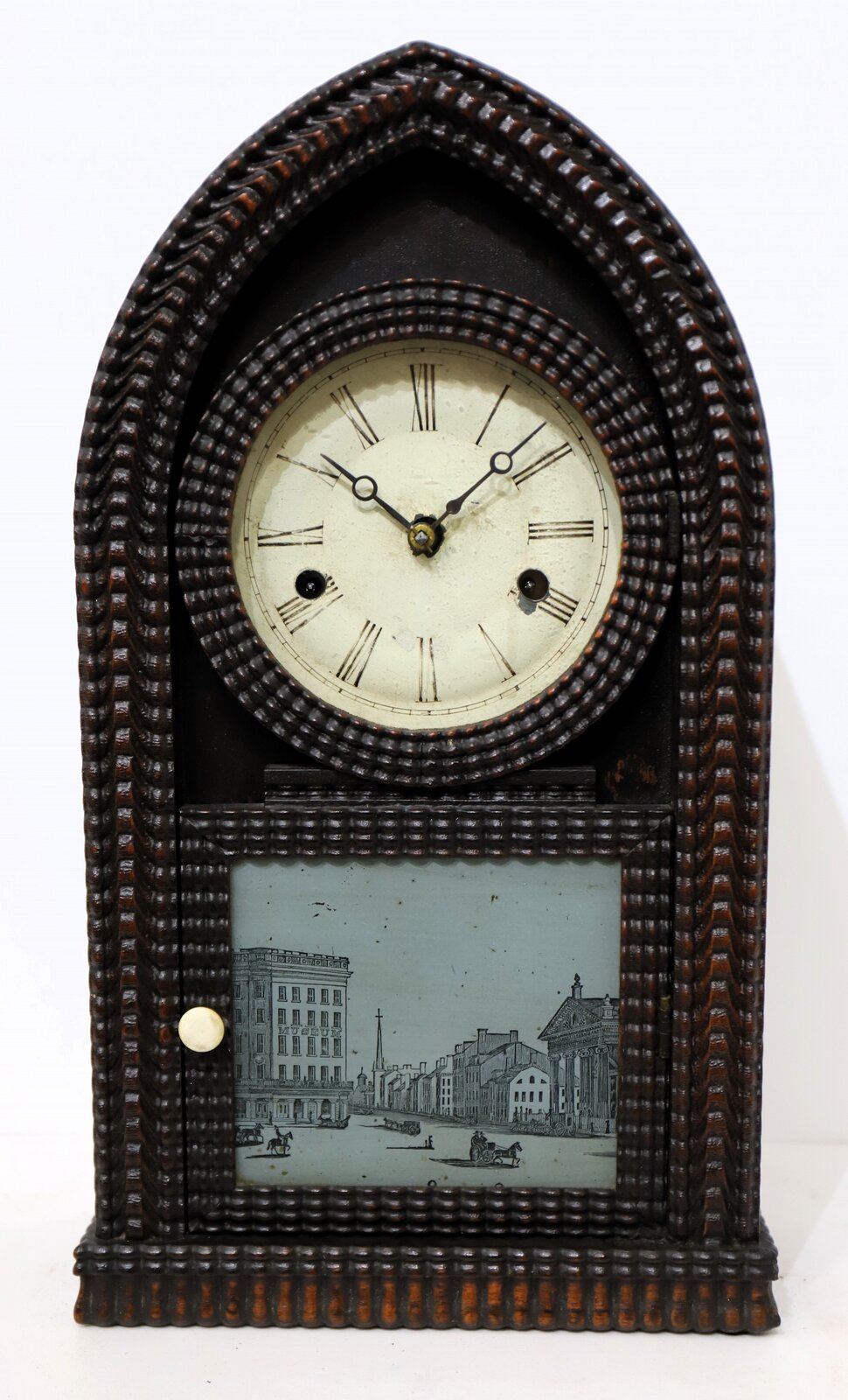 Forestville Mfg. Co. miniature ripple-front round gothic, 1842-1849. — Antique Clocks Price Guide