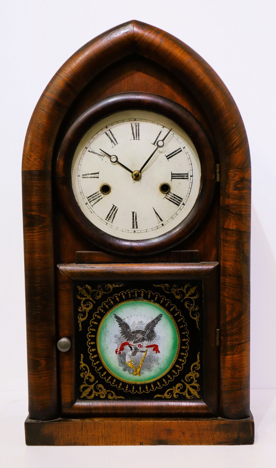 New Haven Clock Co. round gothic, ca. 1870. — Antique Clocks Price Guide