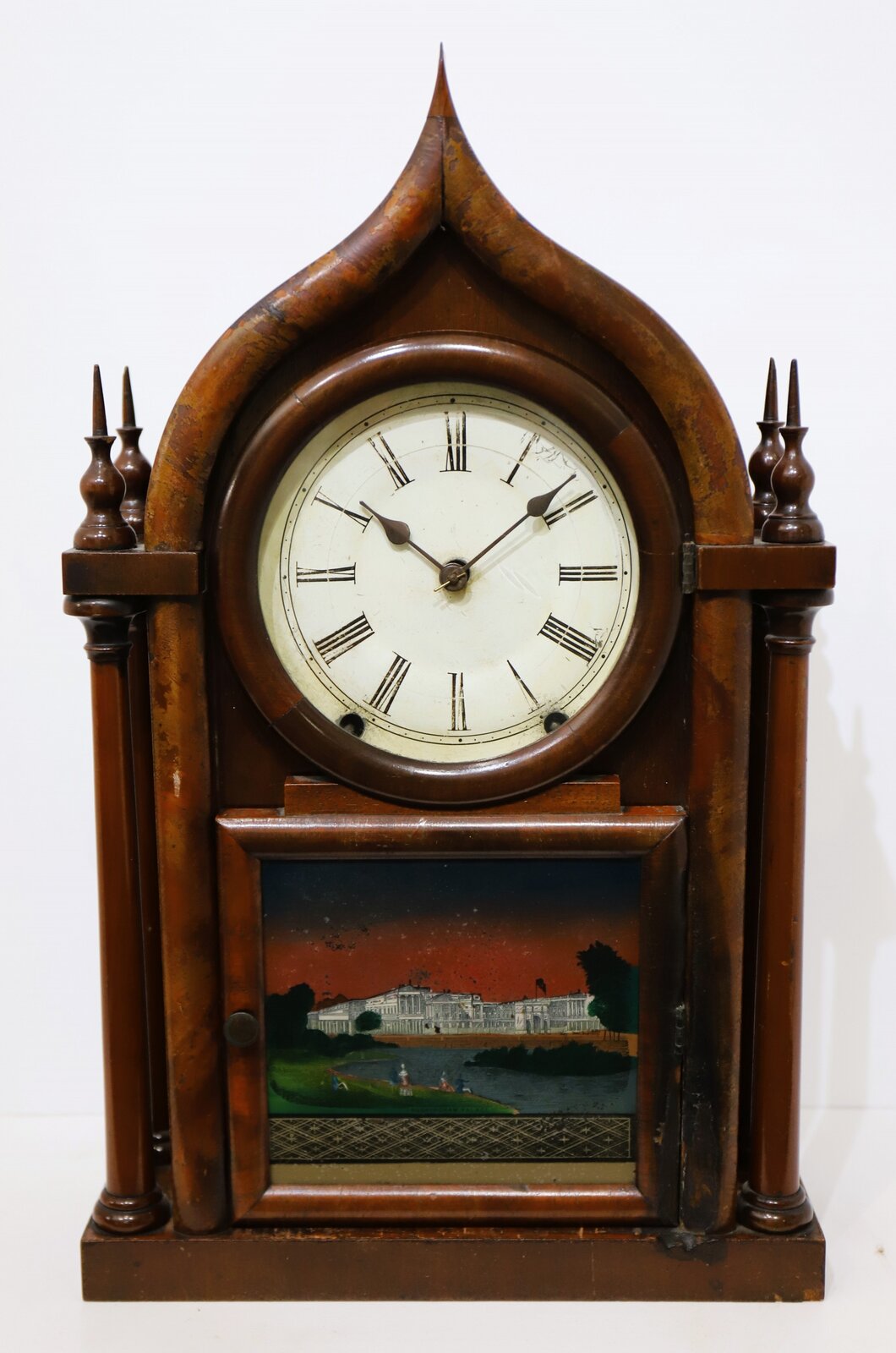 EC Brewster & Son four-post round gothic (onion top), 1855-1859. — Antique Clocks Price Guide