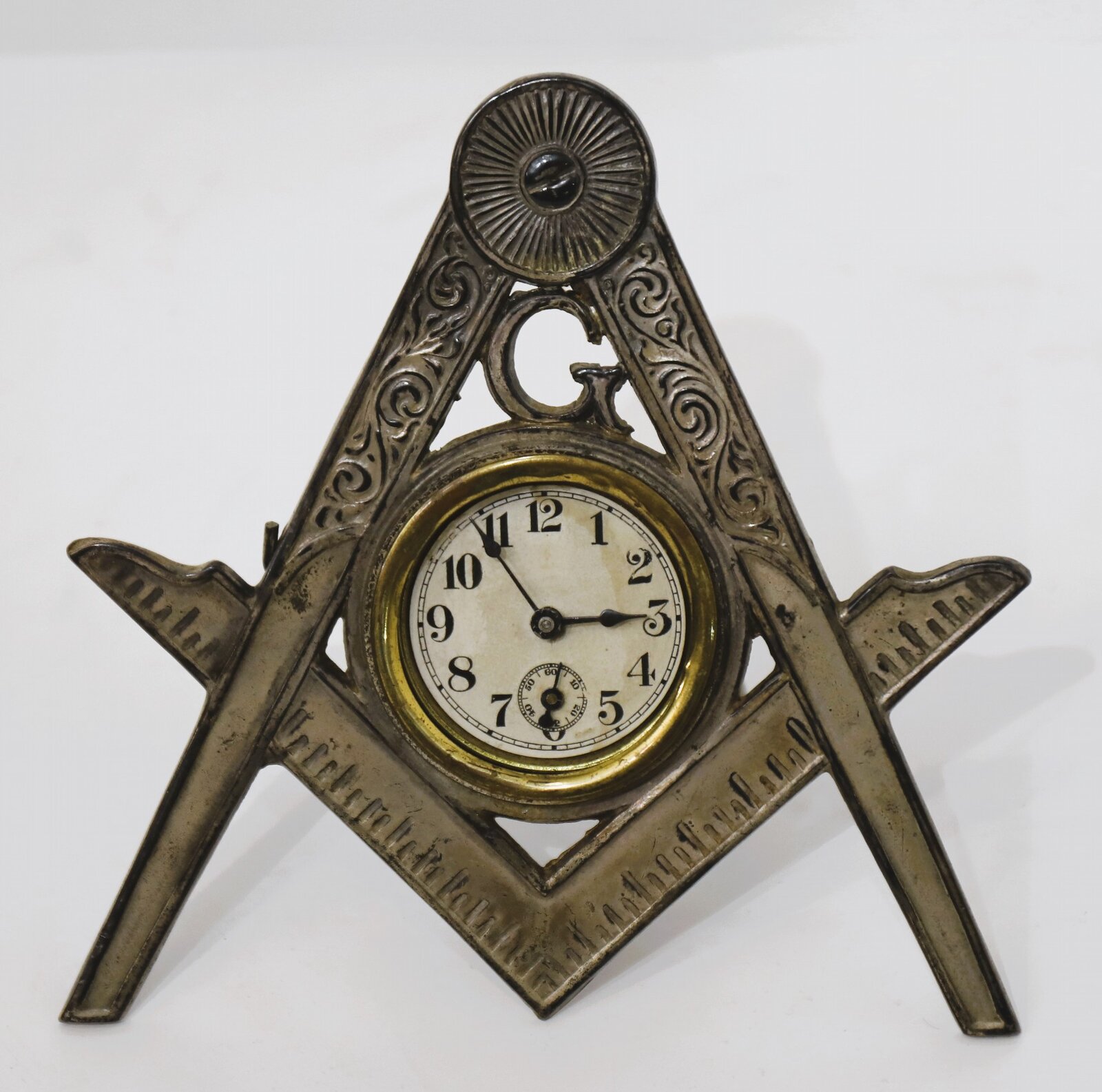 Masonic easel-stand desk clock, ca. 1900. — Antique Clocks Price Guide
