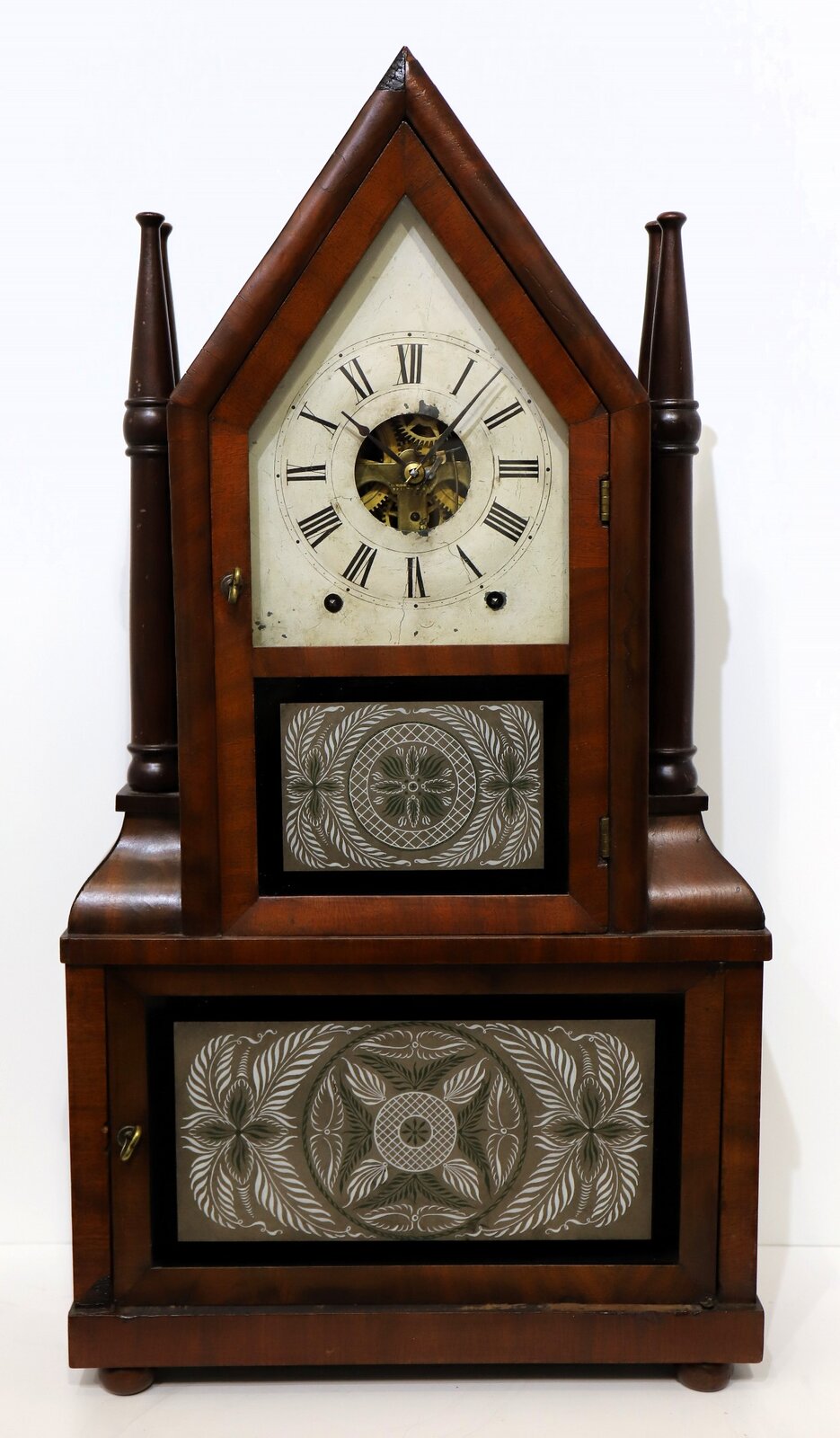 Birge & Fuller candlestick double-steeple with wagon-spring movement, 1844–1848. — Antique Clocks Price Guide