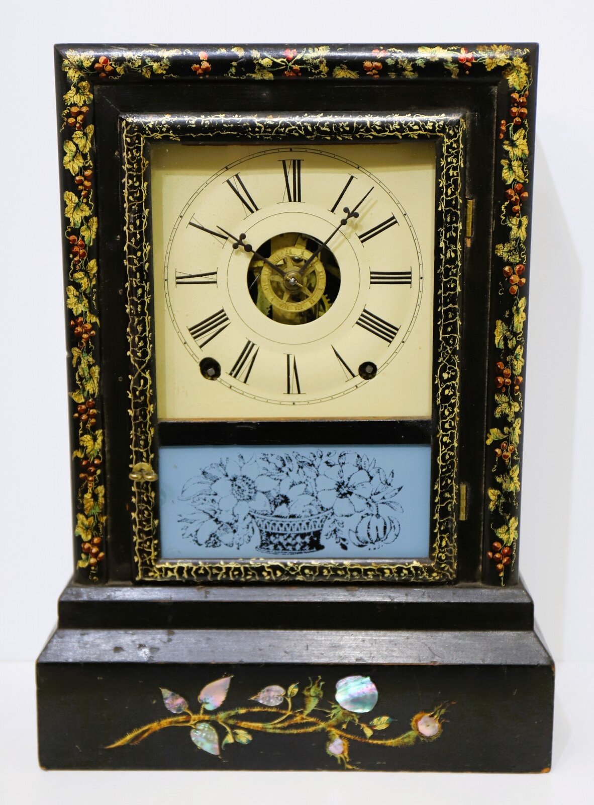 Terry & Andrews gilt paper mâché shelf clock with MOP, 1842-1850. — Antique Clocks Price Guide
