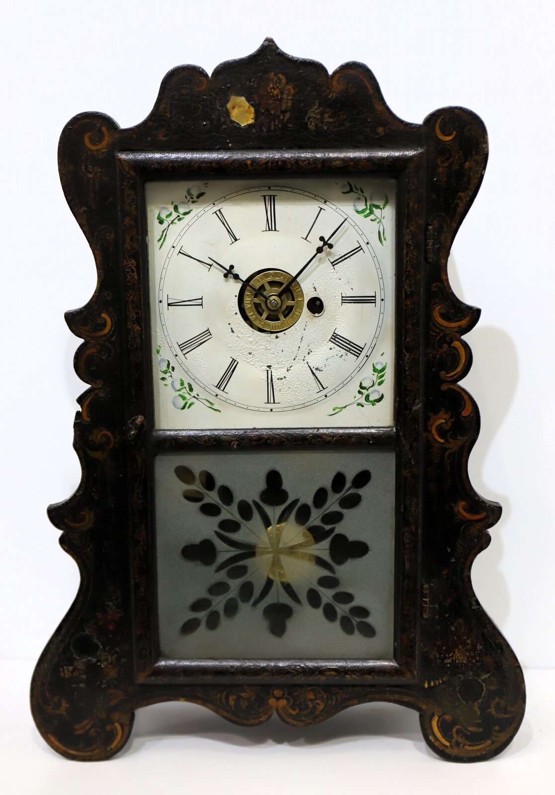 Forestville Clock Co. 30-hour scroll-front with MOP, ca. 1850. — Antique Clocks Price Guide