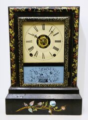 Terry & Andrews gilt paper mâché shelf clock with MOP, 1842-1850.