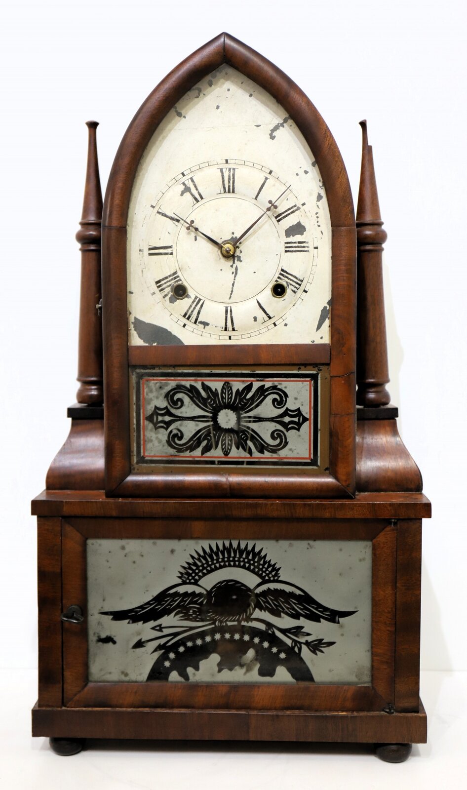 Birge & Fuller round gothic double-steeple with wagon-spring movement, 1844-1848. — Antique Clocks Price Guide