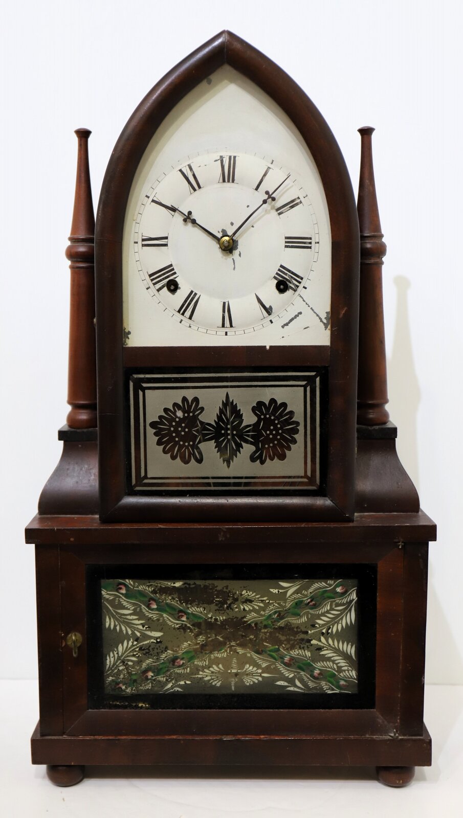 Birge & Fuller miniature round gothic with wagon-spring movement, 1844-1848. — Antique Clocks Price Guide