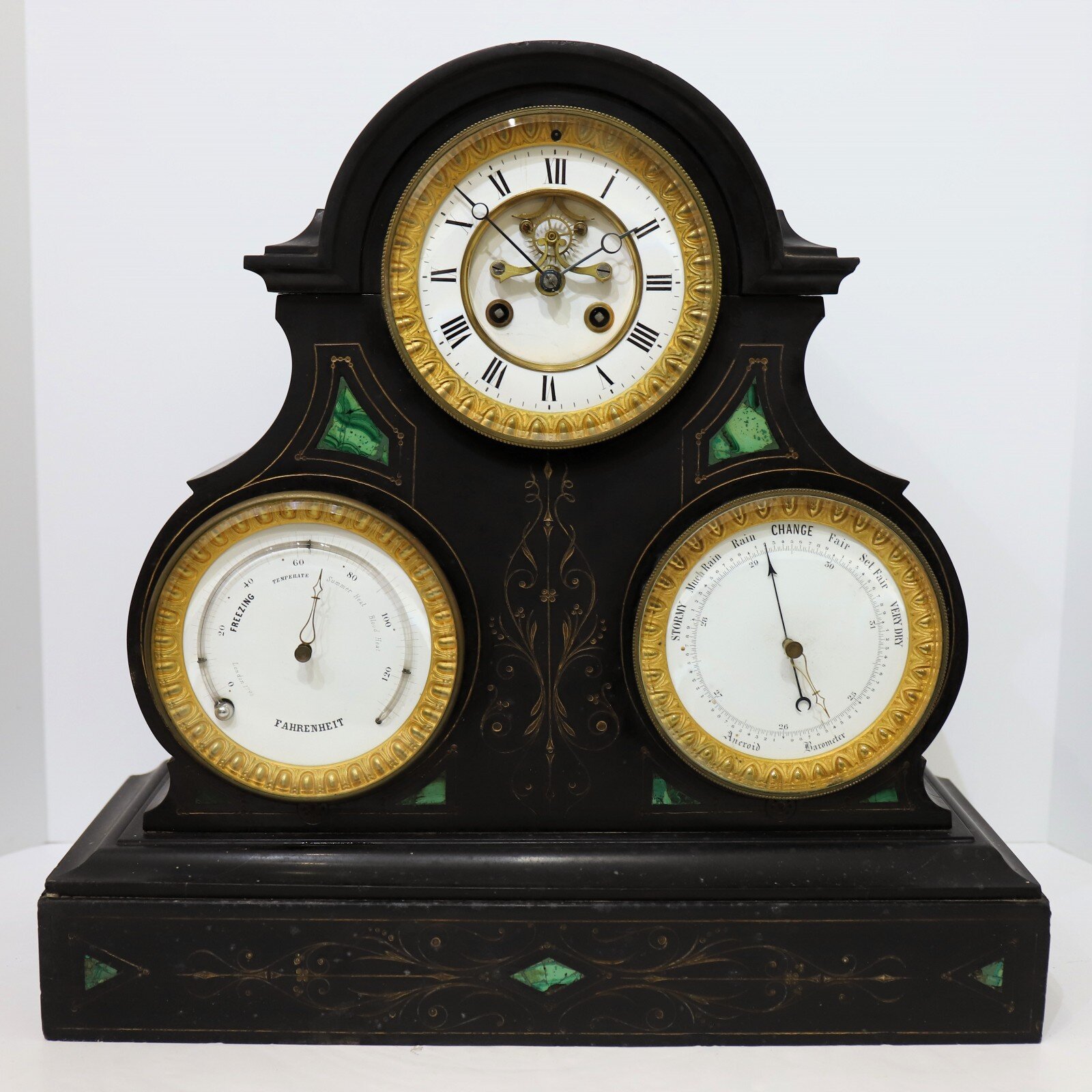S. Marti et Cie triple-dial black marble clock with thermometer and barometer, ca. 1890. — Antique Clocks Price Guide