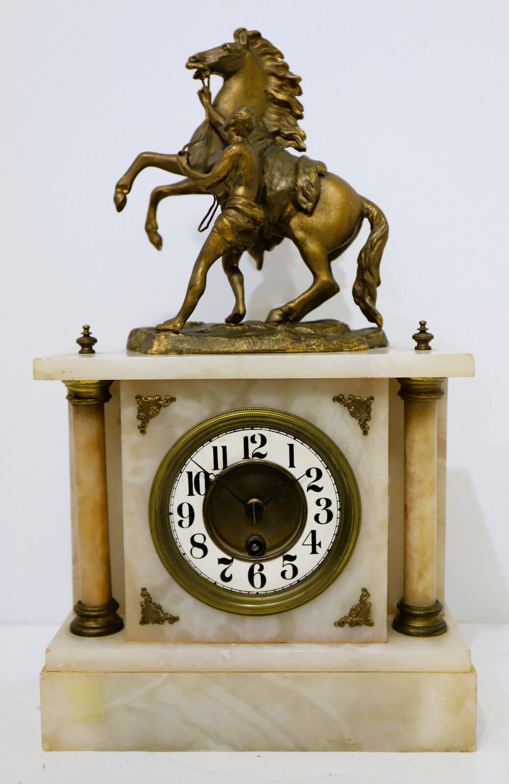 French white onyx mantel clock with figural, ca. 1900. — Antique Clocks Price Guide