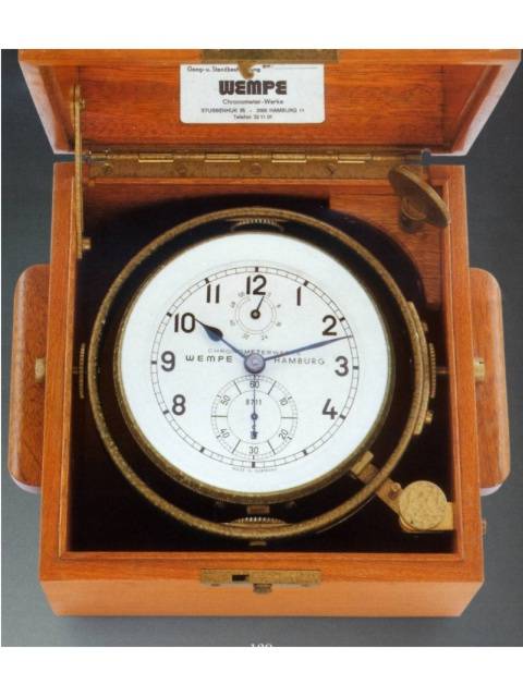 Fine, two-day marine box chronometer with 56-hour winding indicator and Guillaume balance. Wempe, Chronometerwerke, Hamburg, No. 8711, circa 1940. — Antique Clocks Price Guide