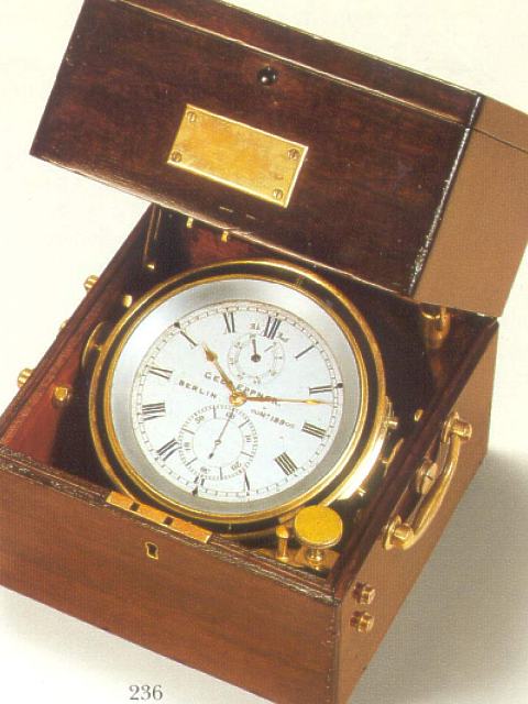 Fine mahogany two-day marine chronometer with winding indicator and reversible fusee. Gebber Eppner, Berlin, No. 189, circa 1940. Fine — Antique Clocks Price Guide