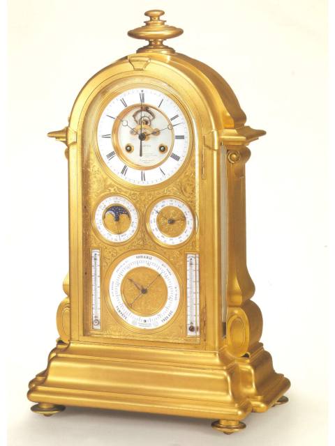 Astronomical pendulum table clock with perpetual calendar, phases of the moon, thermometers in Centigrade and Fahrenheit scales, barometer and special escapement. Le Roy & Fils, circa 1870. — Antique Clocks Price Guide