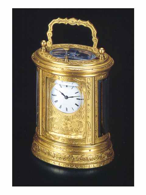 gilt brass, oval eight-day going, quarter repeating, small carriage clock. A. B. V., France, circa 1890. — Antique Clocks Price Guide