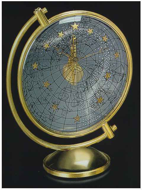Fine and unusual eight-day going keyless skeleton table timepiece, designed as a gilt brass and Plexiglas globe. LeCoultre, Swiss, made in the 1960's. Fine — Antique Clocks Price Guide