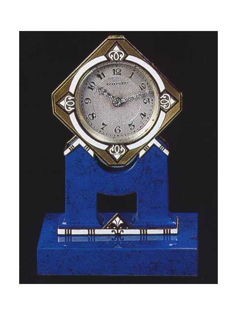 Lapis lazuli, 18K gold, silver and enamel eight-day going timepiece in later fitted box. French, circa 1925. Very — Antique Clocks Price Guide