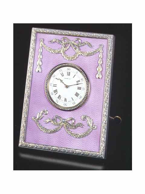 Silver and enamel, pearl-set, eight-day going strut table timepiece. Tiffany & Co., Swiss, circa 1910. — Antique Clocks Price Guide