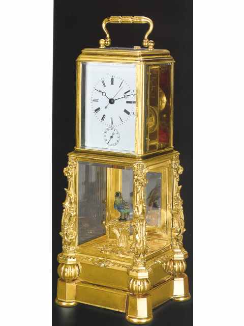 Gilt bronze, hour and half hour striking carriage clock with centre-seconds and singing bird. French, made for the Chinese Market, circa 1890. — Antique Clocks Price Guide