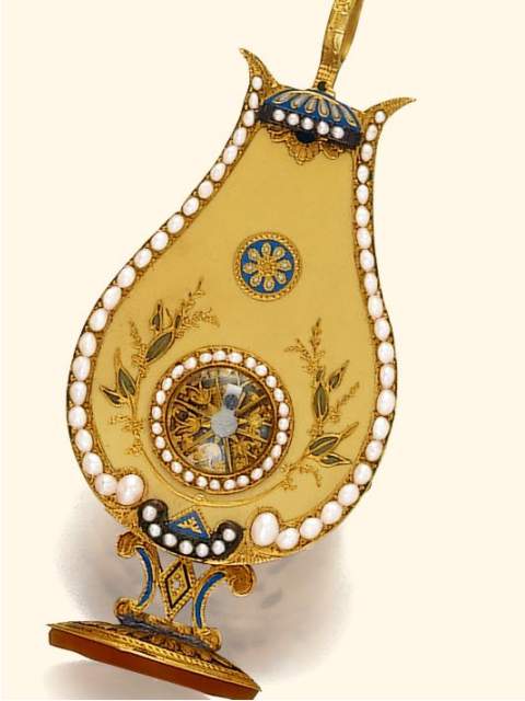 18K silver and enamel, pearl-set concealed dial form watch designed as a lyre with visible balance. Geneva, circa 1810. — Antique Clocks Price Guide