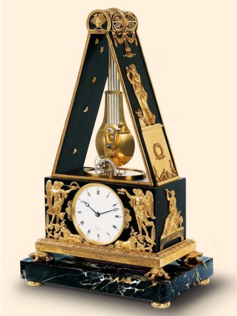 Pendule Pyramidale and Muses; gilt bronze 8 day-going double-barrel precision mantel regulator; Breguet; bronzes by Pierre-Philippe Thomire and Nicolas DelaFontaine dit Le Jeune, begun in 1805, sold on March 10, 1827 — Antique Clocks Price Guide