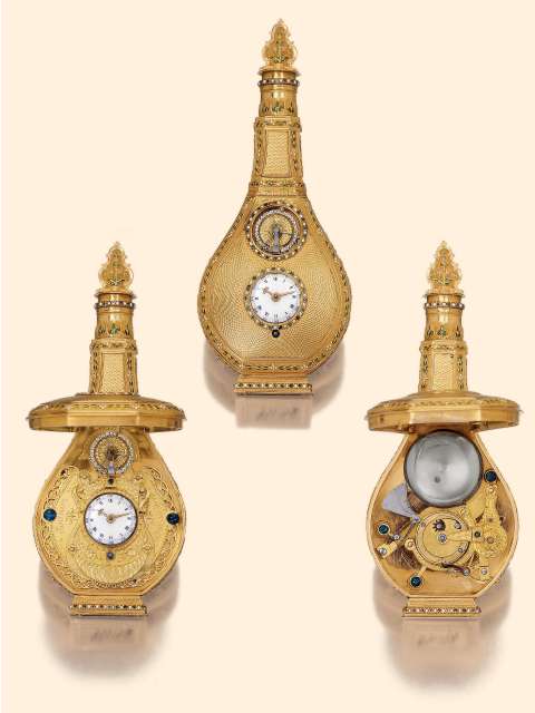 Musical Scent Flask; Gold and enamel, emerald- and half pearl-set musical scent flask fitted with a watch with visible diamond-set balance, a carillon, and a mirrored compartment . Jaquet Droz, London, casemaker's mark "M&P", Geneva, made for the Chinese market, circa 1790. — Antique Clocks Price Guide