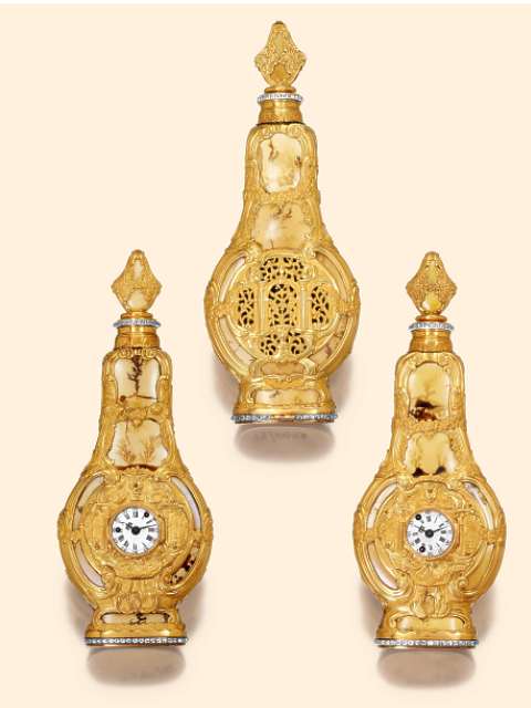 Pair of moss agate and 20K gold diamond-set scent flask fitted with clockwatches striking the hours and mirrored compartments. James Cox, London, circa 1770, made for the Chinese market. — Antique Clocks Price Guide