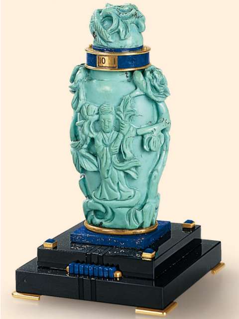 18K gold, silver, azure lacquer, lapis lazuli and black onyx desk clock in shape of an Oriental scent bottle with rotating ring hour display. Vacheron & Constantin, circa 1930. — Antique Clocks Price Guide